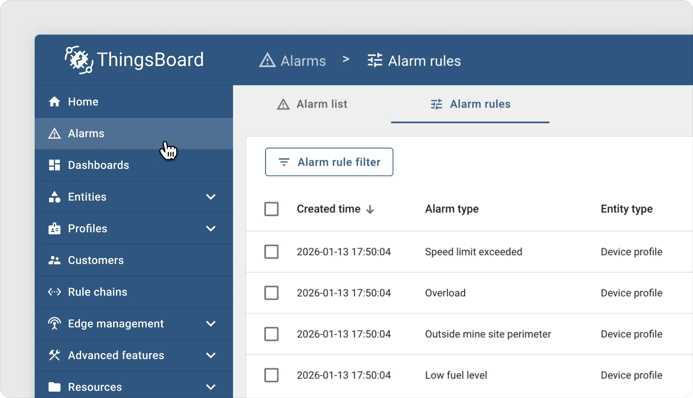 Alarm rules 2.0 tabbed interface in ThingsBoard 4.3